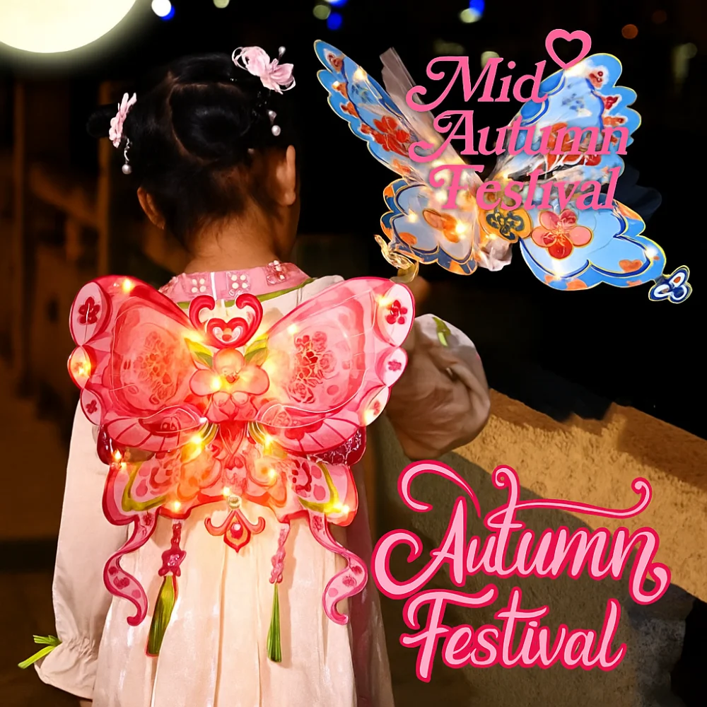 Handmade Mid-Autumn Festival Lantern DIY Dragonfly Shape Paper Handheld Glowing Lantern with LED Light DIY Material Bag