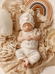 Newborn Photography Props Nordic Style Theme Set Knitted Hollow Jumpsuit Crochet Flower Hat Doll Rainbow Studio Baby Photo Props