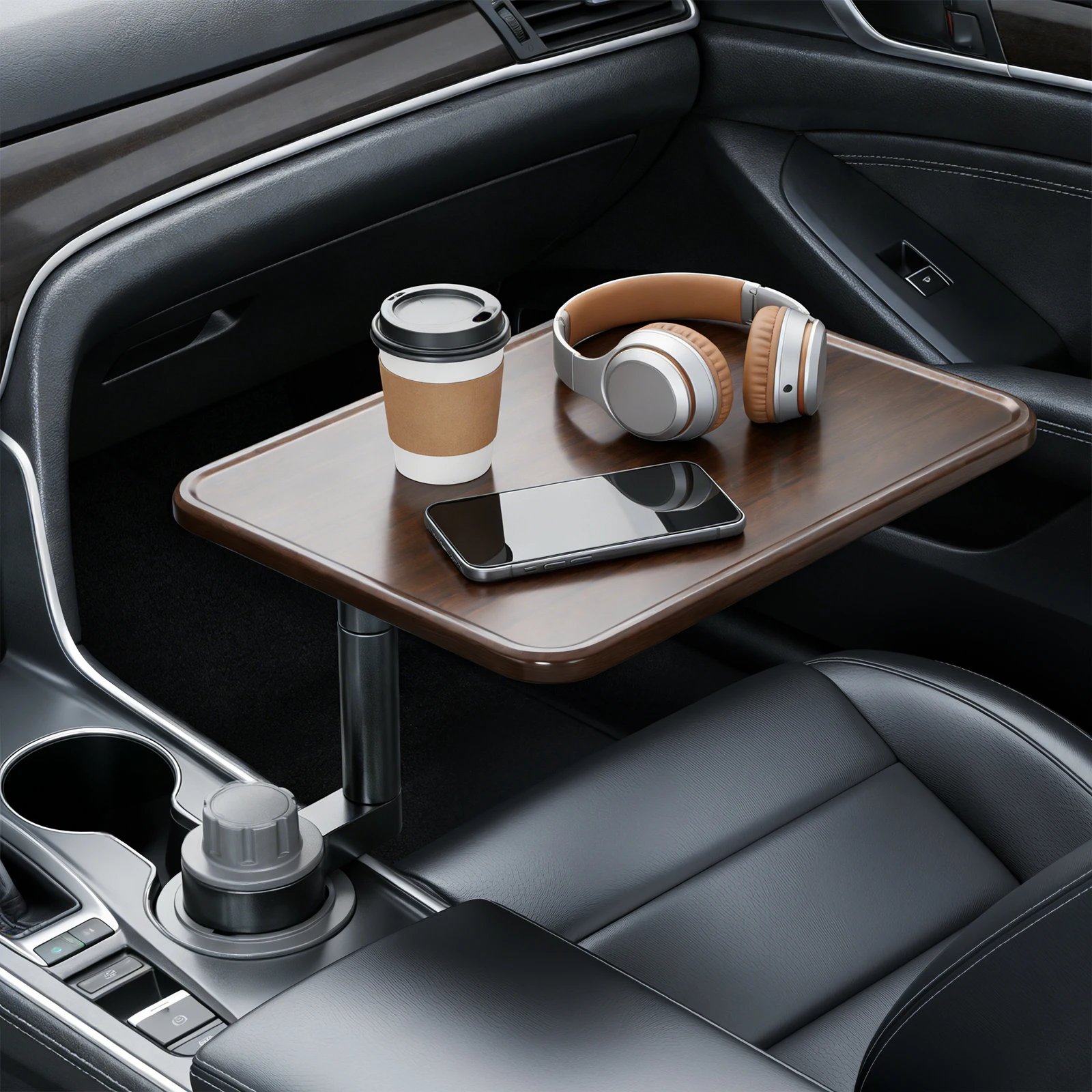 Wood Tray 360° Rotating Car Laptop Desk with Magnetic Lock Expandable Base Portable Workstation for Car Dining & Working