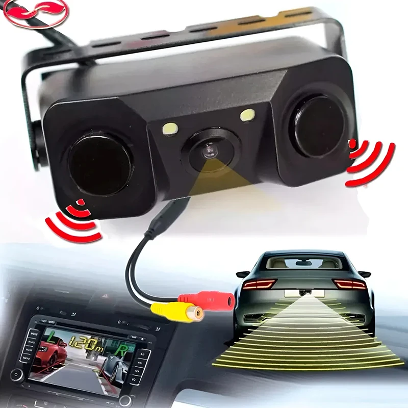 

12V HD Car Rear View Camera 3 In 1 Parking Detector Sensor Radar LED Night Vision Waterproof Reverse Camera Universal Accessory