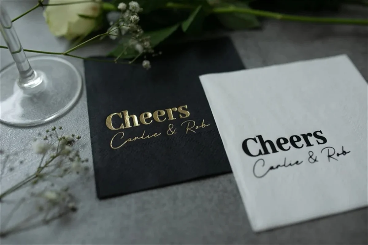 

50 PCS Cheers napkins, Custom wedding Napkins, Gold foil, Custom Napkins, napkins for wedding, cocktail napkins, Beverage Napkin