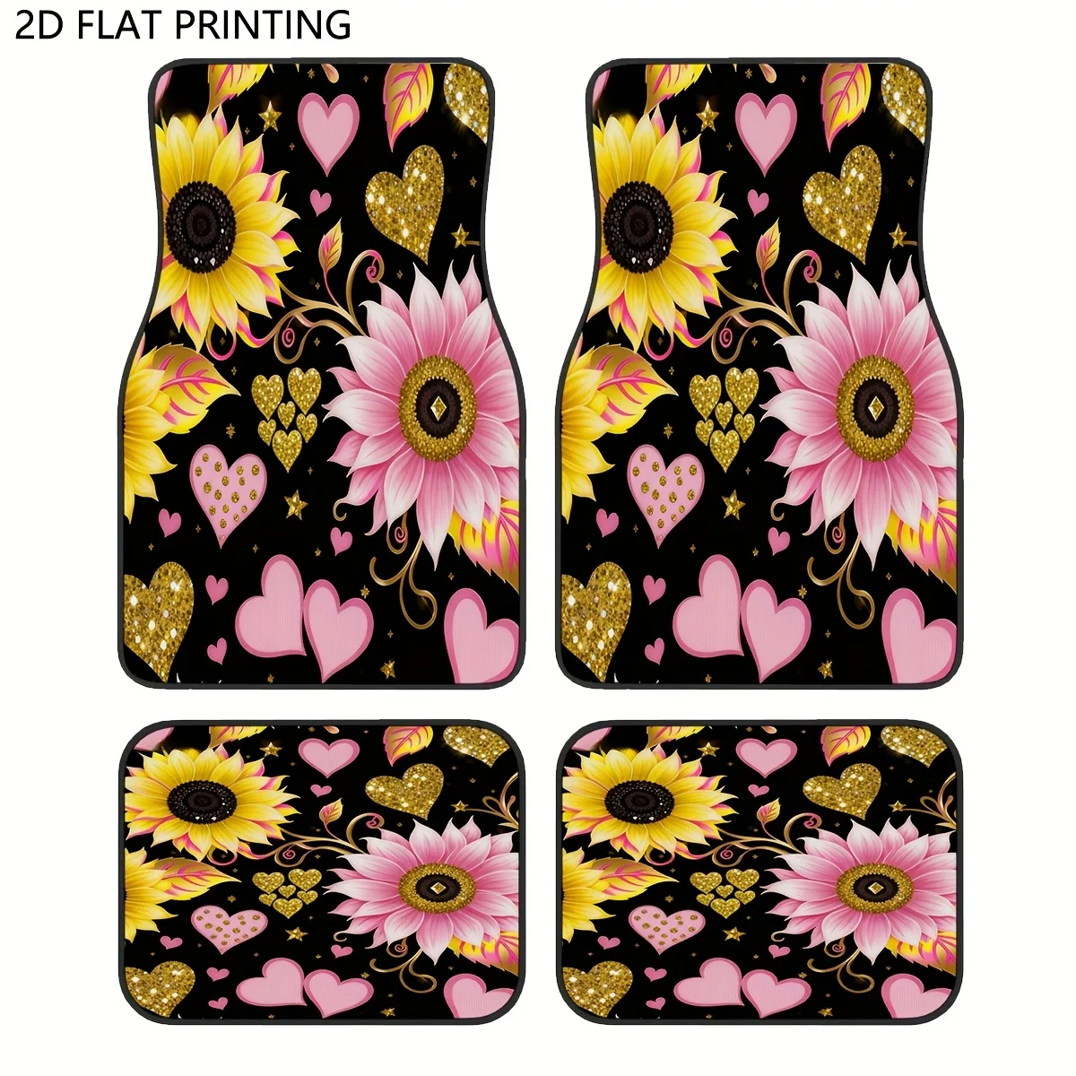 

4-piece car floor mat set, Valentine's Day floral and heart pattern car carpet, universal car mat.