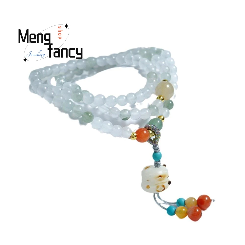 Natural Tianshan Jade Triple-ring Exquisite Elegant Simple High-grade Bracelet Fortune Cat Pendant Fashion Jewelry Holiday Gifts