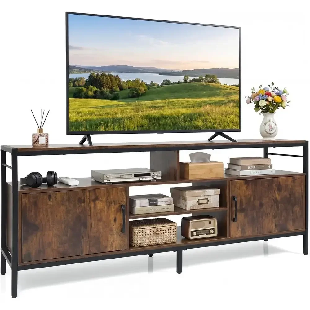65 TV Stand with 2 Cabinets & 4 Shelves, Wooden Media Center, Rustic Brown
