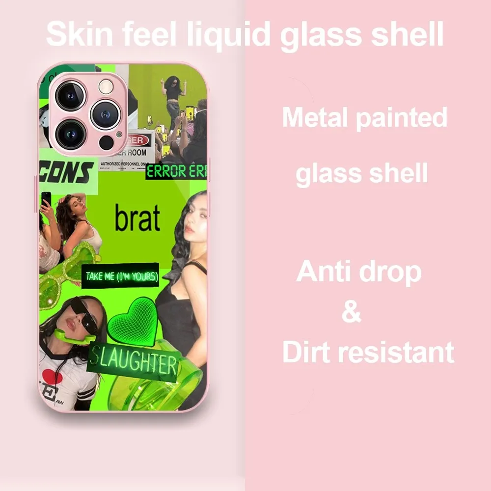 Charli XCX Brat Album  Phone Case For iPhone 11 12 13 14 Pro Max Plus Mini Metal Painted Glass Fashion Antio-Drop Shell