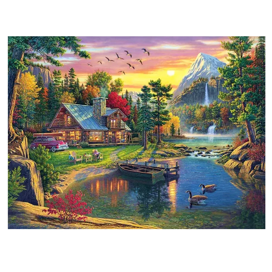 Waterfall Diamond Painting Full Square round Diamond Embroidery Mountain Picture Rhinestones cabin Landscape Nature Home Decor