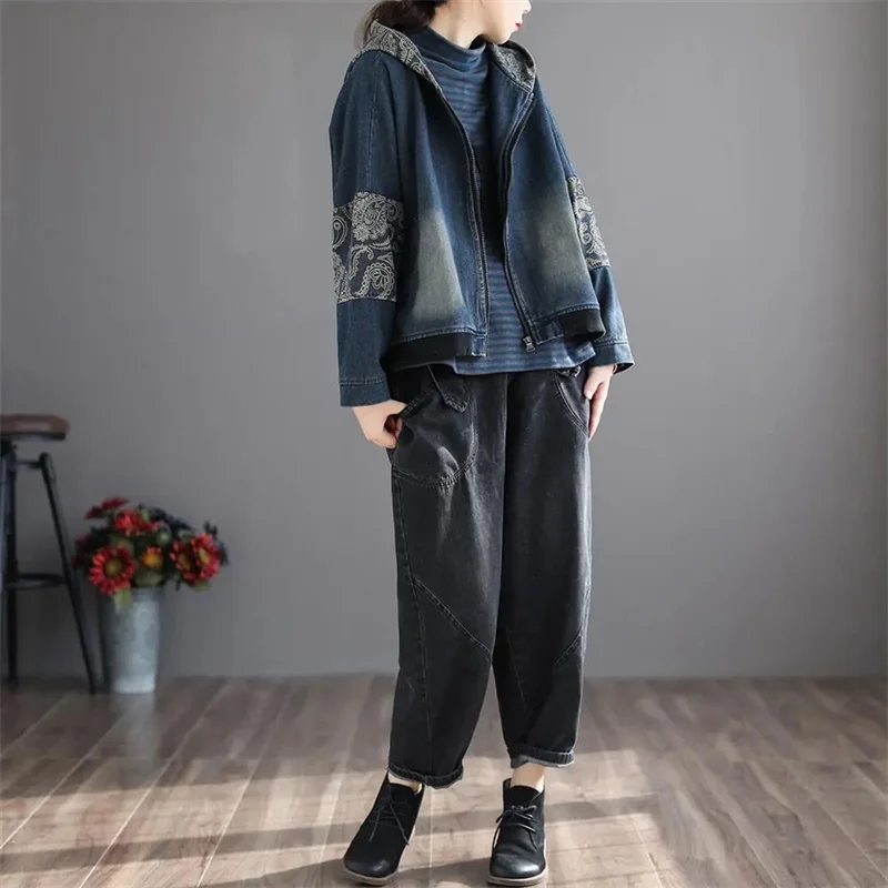 Retro Ladies Fashion Hooded Cowboy Outwear 2025 Female Long Sleeves Denim Coat Spring Autumn Women Patchwork Short Jeans Jacket