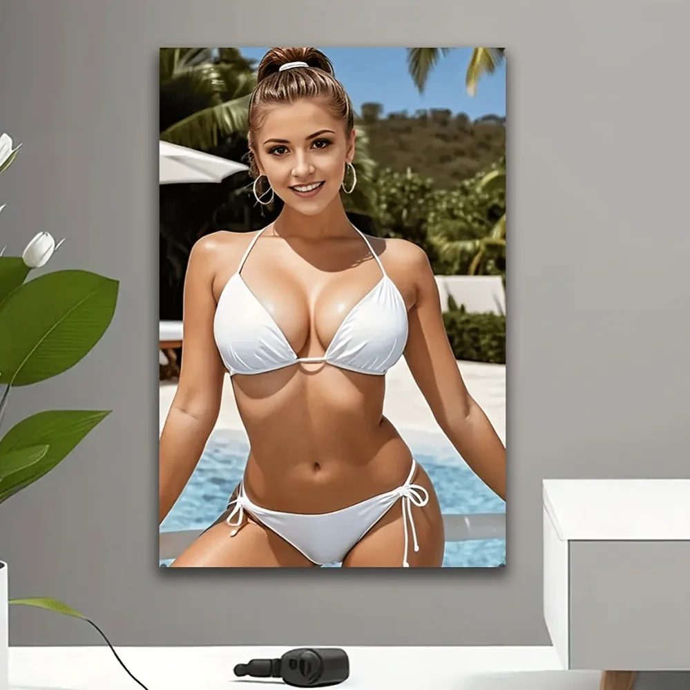 Impresión artística de chica vibrante, Bikini Sexy para mujer junto a la piscina, placa de aluminio, decoración para el hogar y la Oficina, regalo de cumpleaños y San Valentín