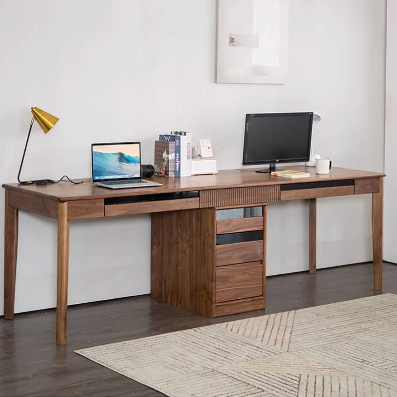

black walnut double desk solid wood against the wall Japanese computer desk Nordic modern office home writing desk