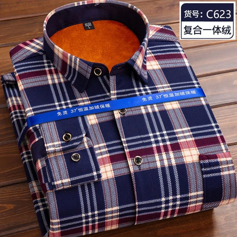 2023 Autumn and Winter New Men\'s Casual Slim Long-Sleeved Shirt Men\'s Cashmere Thickened Warm High-Quality Plaid Shirt M-5XL