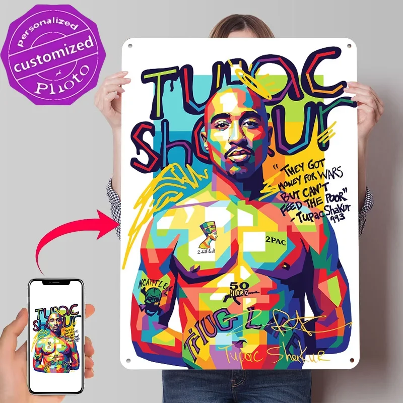 Tupac Shakur Wpap Art Personalized 3D Textured Metal Poster Wall Art Tinplate Sign for Gaming Room Decoration Man Decor Luxury