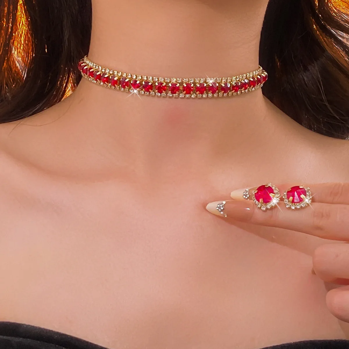 European and American super flash diamond-encrusted square earrings 2025 new trend temperament versatile collarbone chain light