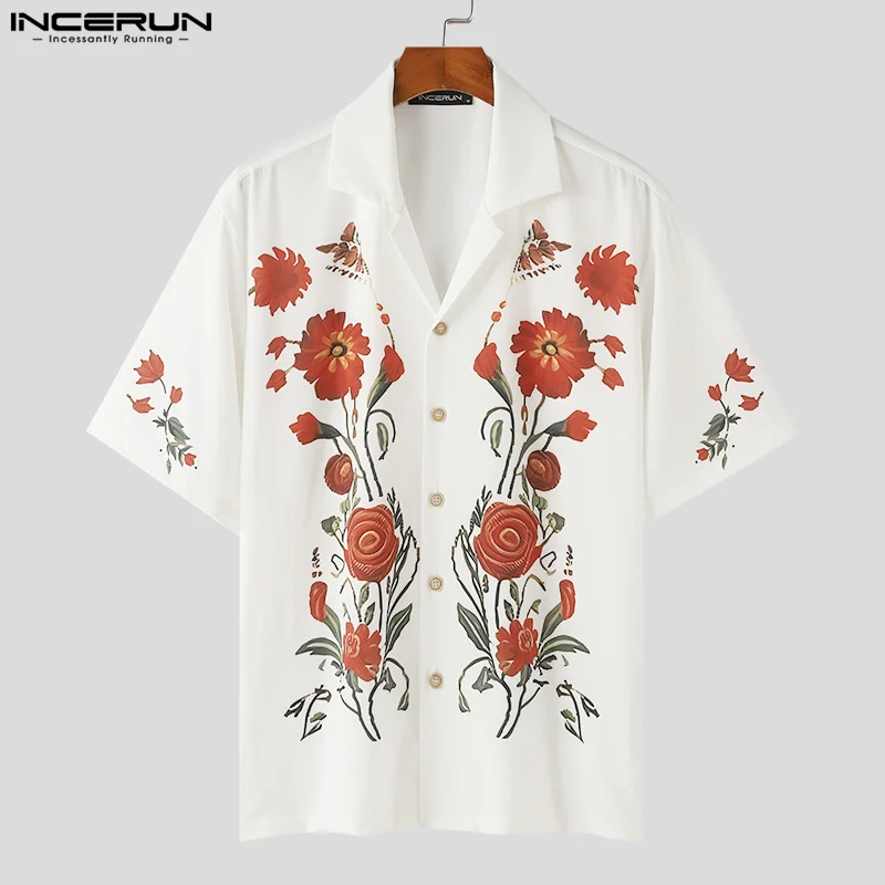 INCERUN Men Shirt Flower Printing Lapel Short Sleeve Vacation Casual Men Clothing Streetwear 2024 Summer Fashion Shirts S-5XL