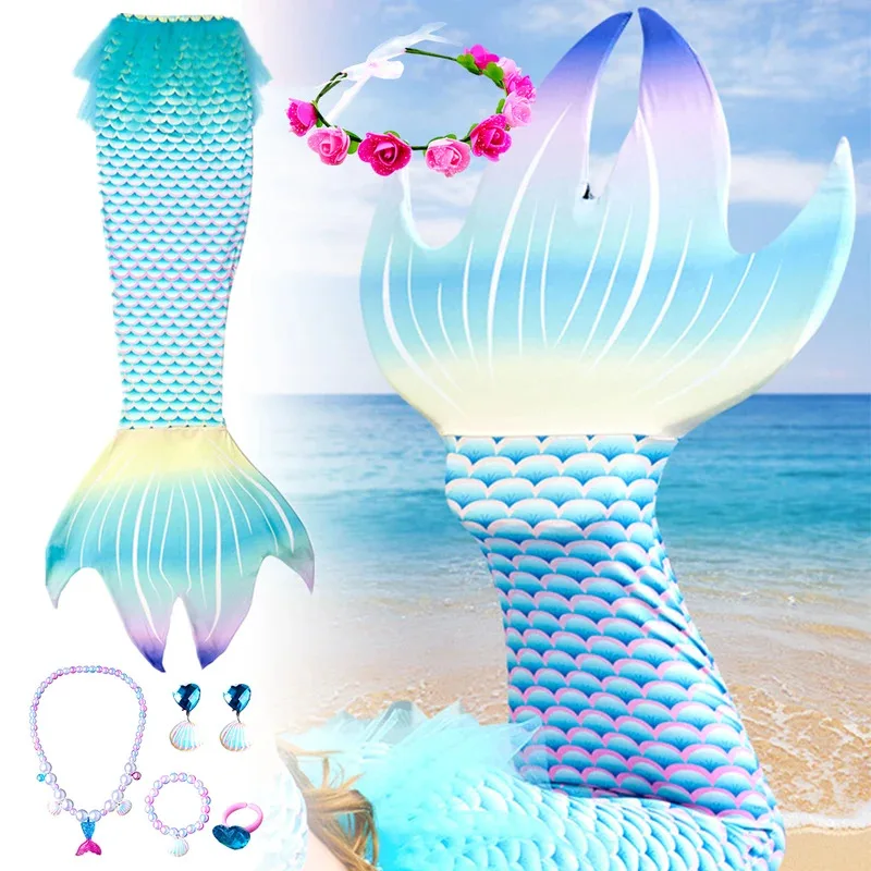 

3-12 Years Girl Mermaid Swimsuit with Headwear Jewelry Beach Pool Party Cosplay The Little Mermaid Costume Swimming Bathing Suit