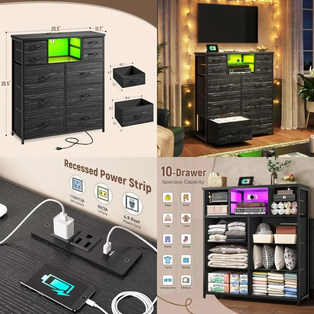 

10-Drawer Bedroom Set with LED Lights, Power Outlets, Fabric Drawers, Chest of Drawers, Open Shelves, Hallway Storage, Living Ro
