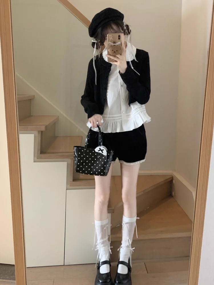 Bla Lace Trim Geborduurde Pop Kraag Lange Sve irt Dames Faion Set Tweedelige Suite Herfst 2025, Nieuwe Sle Ele