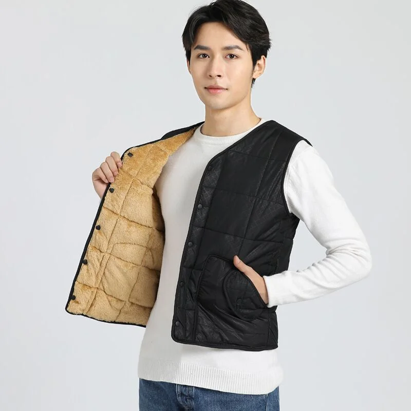 Men's New Autumn Winter V-Neck Ultra Light Down Vest Lamb Cashmere Male Casual Streetwear Collarless Warm Cozy Pockets Waistcoat