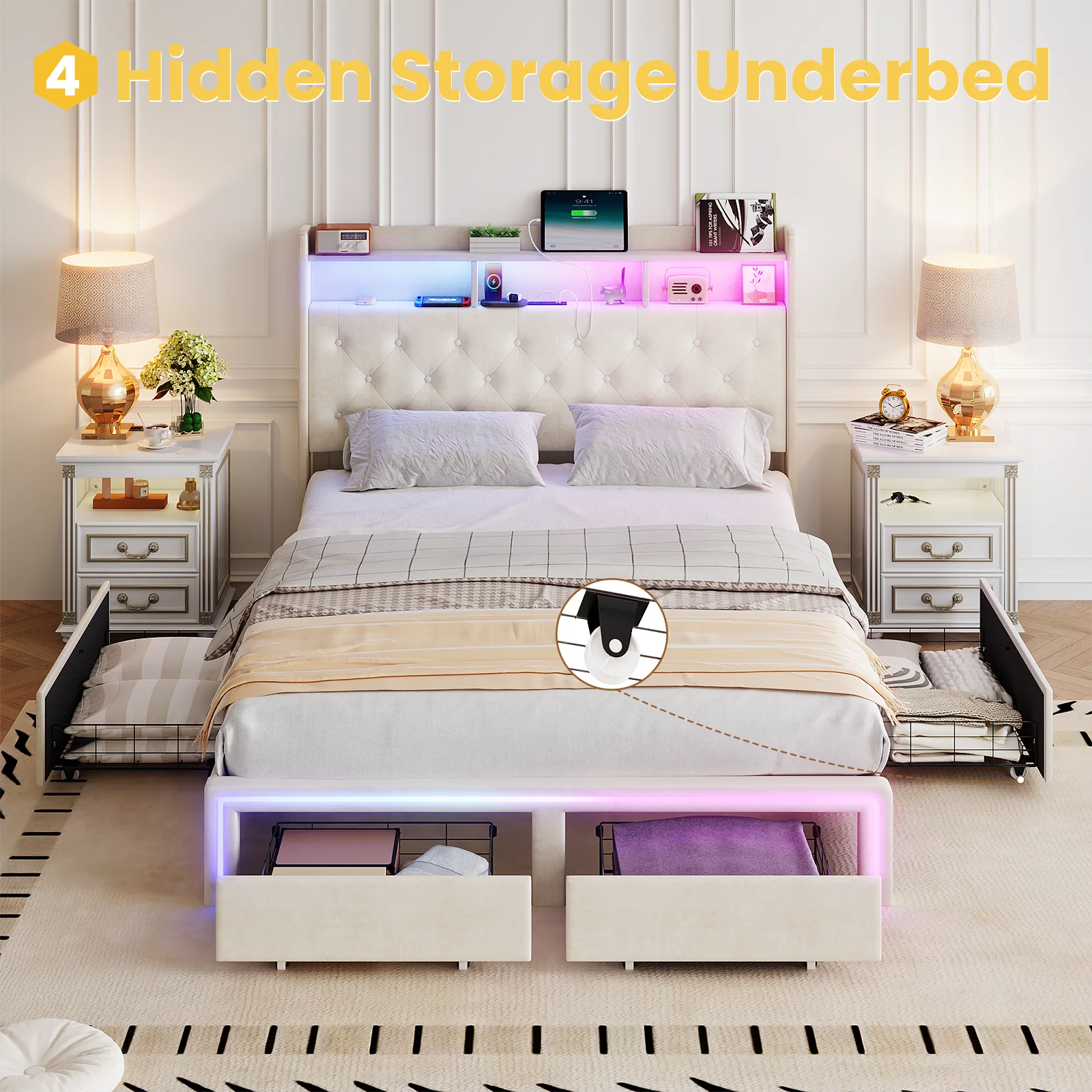 Queen LED Bed Frame With 4 Hidden Storage Compartments,Velvet Platform Bed With 2 Storage,3-In-1 Power Combo & Fast Charging