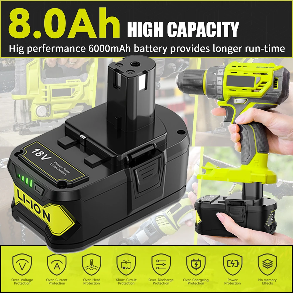 P108 8.0Ah For Ryobi One 18v High Capacity 18v LI-ion Compatible With For Ryobi P107 P109 Power Tools 8000mAh Battery+Charger