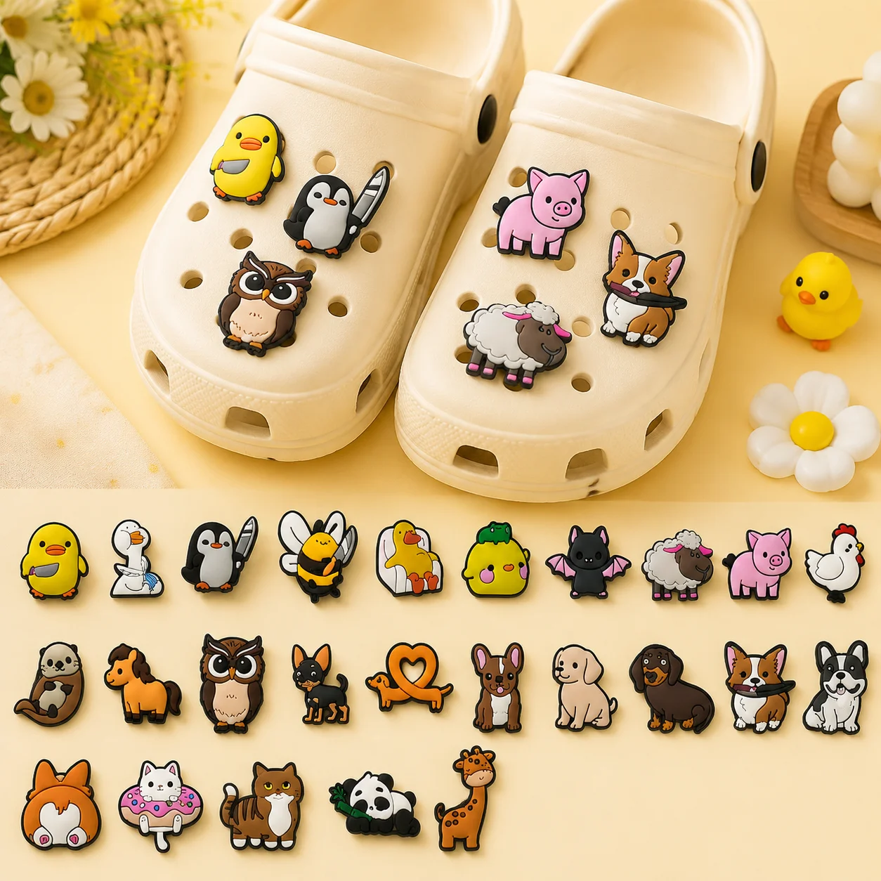 1/25PCS Cute Animal Theme Shoe Charms Set DIY Decorative Pins Duck Penguin Cat Dog Clogs Accessories Adult Kids Shoe Decorations