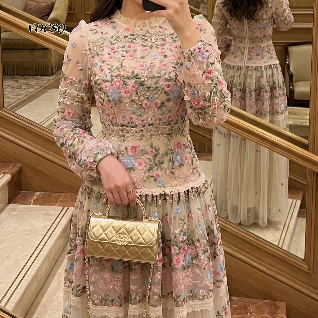 Prom Dresses Dubai Elegant Floral Embroidery Tulle Ruffle Neck Lace Trim Formal Banquet Evening Party Maxi Dress Customized