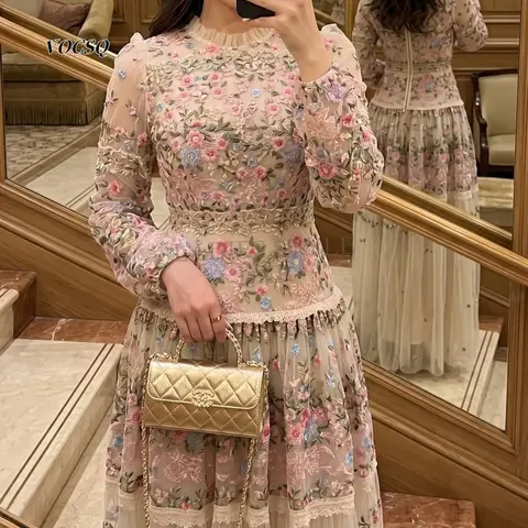 Prom Dresses Dubai Elegant Floral Embroidery Tulle Ruffle Neck Lace Trim Formal Banquet Evening Party Maxi Dress Customized