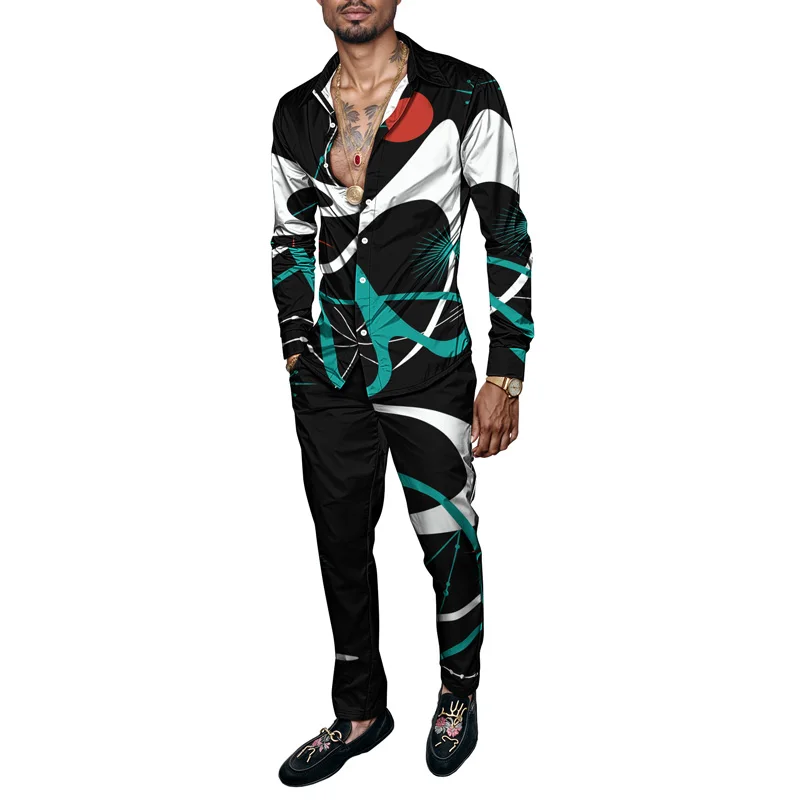 

2025 Spring Summer Men Shirt Set Geometry Print Fashion Abstract 2 Piece Set Mens Cat Lightweight Party Long Sleeves Suit Casu