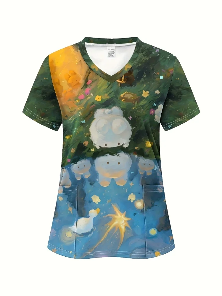 Клиническая униформа, женская униформа с принтом динозавра, ветеринарные скрабы, женские топы с v-образным вырезом и короткими рукавами, микроэластичная униформа медсестры, женская униформа