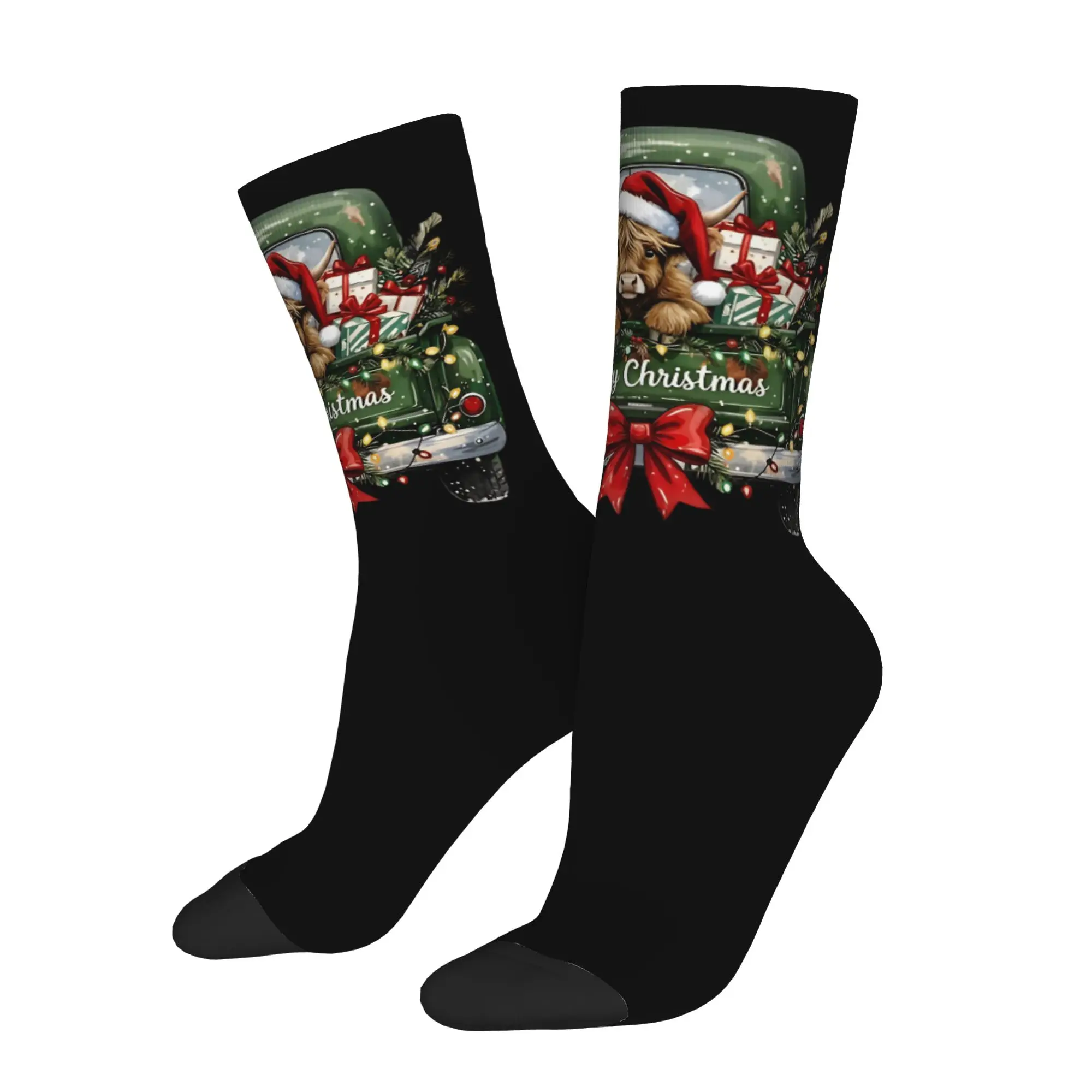 Christmas Highland Cow Truck Socks Men Women Funny Happy  Socks Harajuku Spring Summer Autumn Winter Middle Tube Socks Gifts