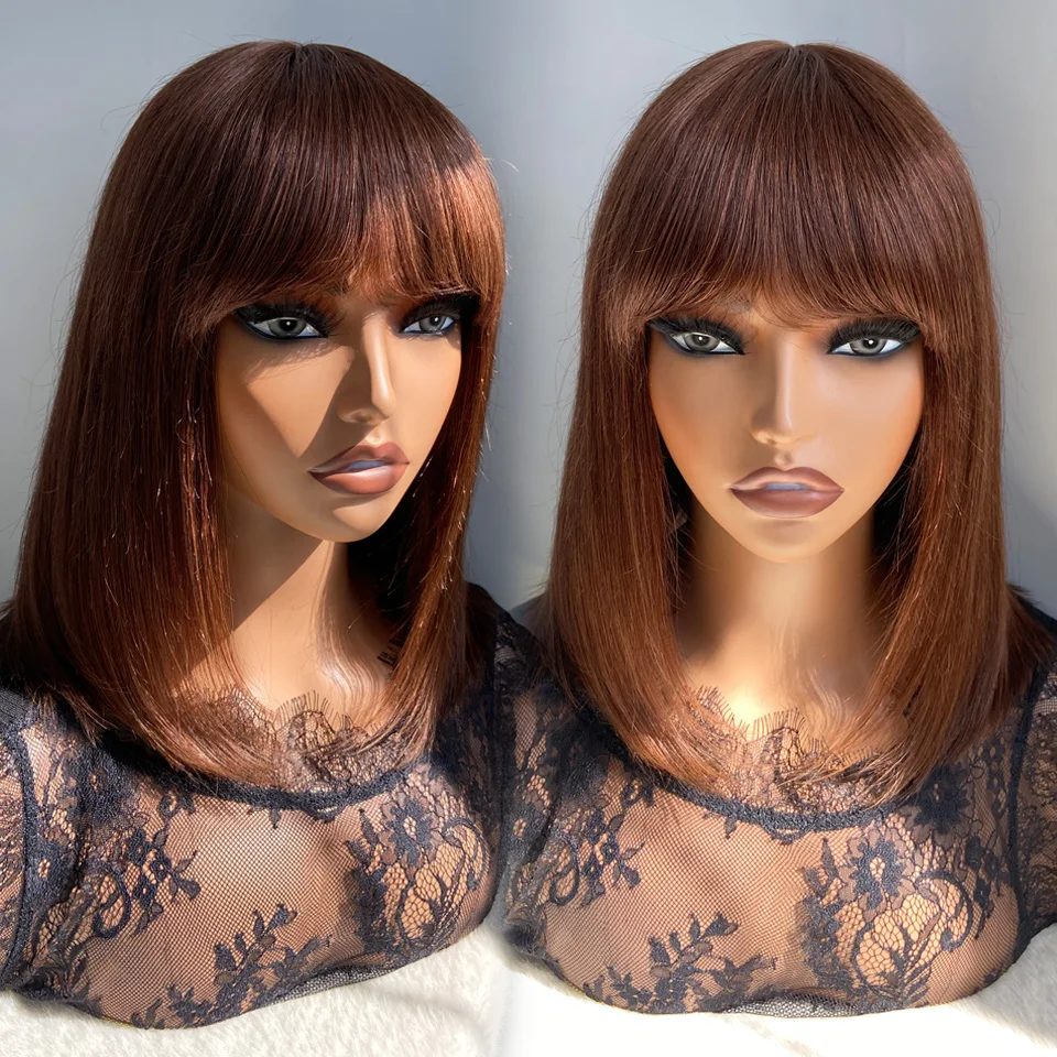 

Sleek M4/33 Brown Highlight Colored Human Hair Wigs For Women Short Straight Bob With Bangs Remy Brazilian Hair Lace Inside