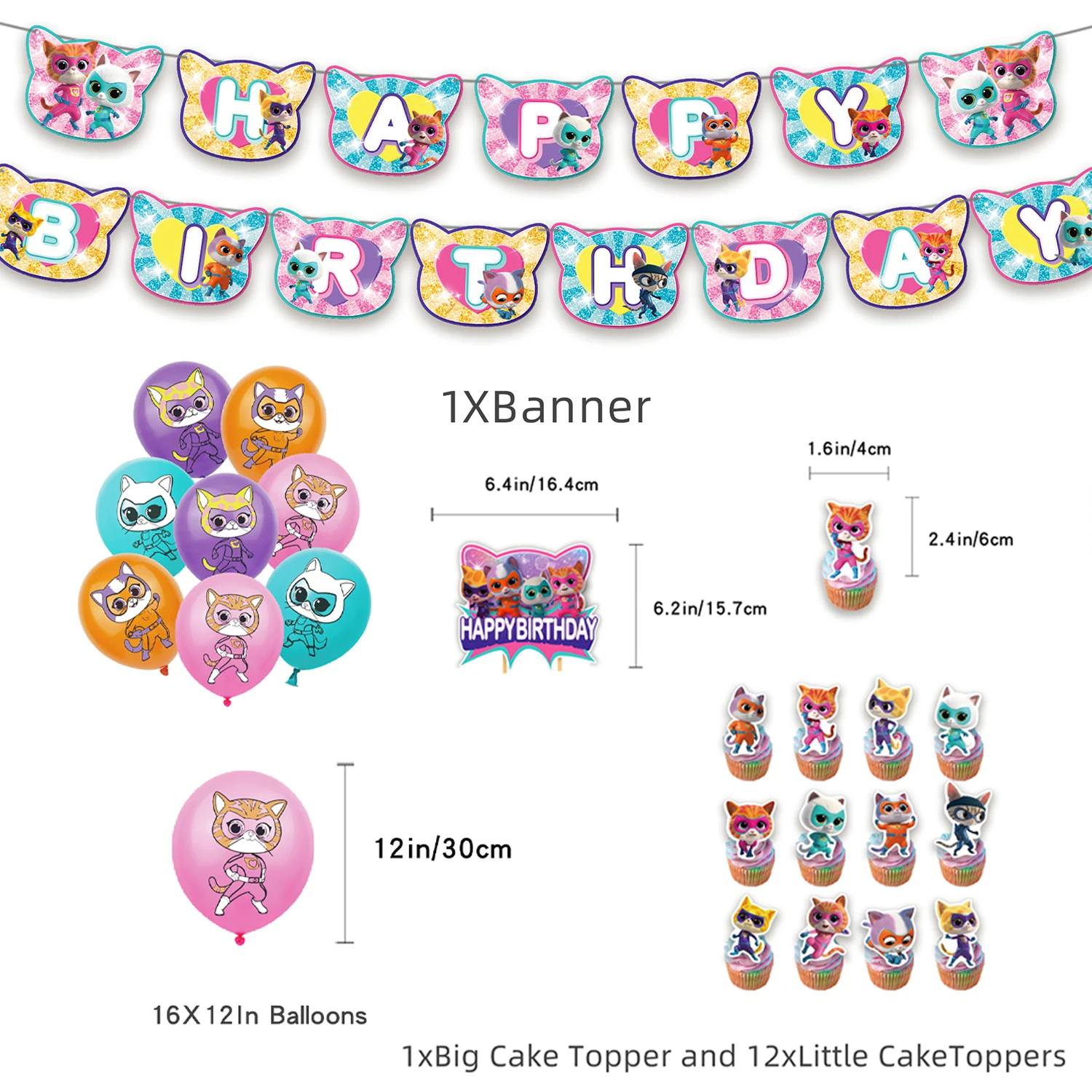 

Cute cat SuperKitties Cupcake Topper kids Birthday Party Supplies animal Balloon Banner Decor Boy Baby Shower Activity Idea