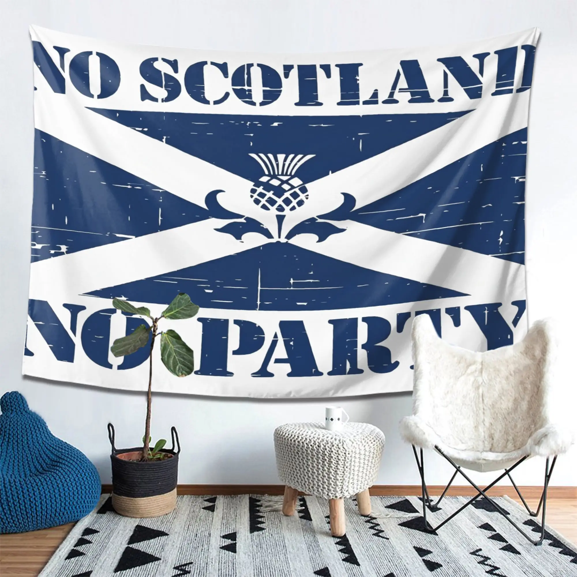 Scottish Flag Tapestry, No Scotland No Party Wall Hanging, Blue White Saltire Cross Decor for Pub Man Cave Dorm Background