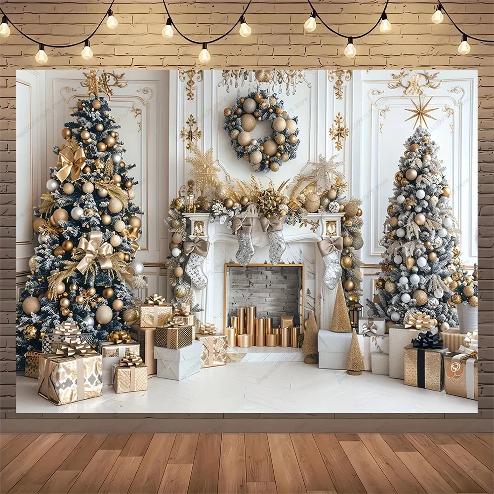 White Christmas Fireplace Background Christmas Tree Print Tapestry Photography Background Wall Family Children's Holiday Party B