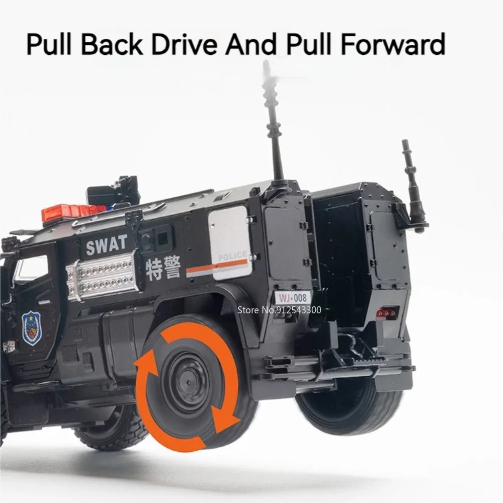 1:32 Scale SWAT Armored Car Model Toy 4D Engine Shock Absorption Pull Back Metal Diecast Vehicle Models Sound Light Gift for Kid