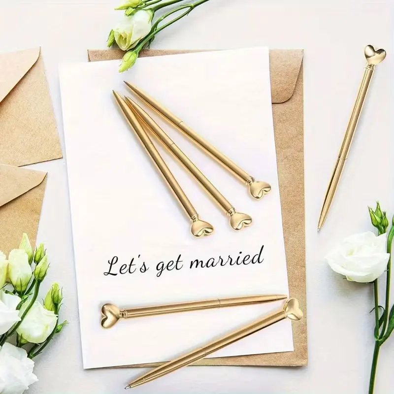 10Pcs Gold Heart-Shaped Retractable Ballpoint Pens, Customizable with Engraved Text, Stylish Metal Body, Black Ink, Very Suitable as a Gift, Perfect for Weddings, Bridal Showers, and Valentine's Day, with Smooth Writing.