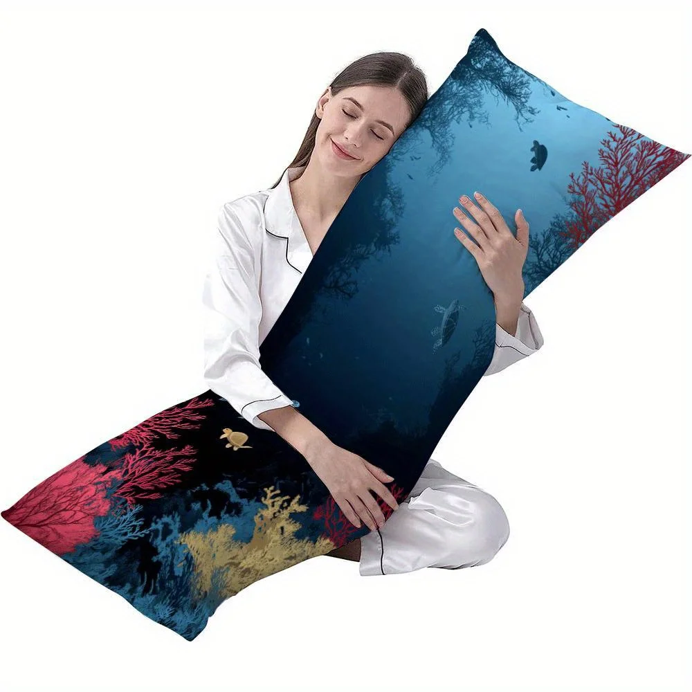 1pc Coral and Sea Turtle Full Body Pillowcase, 50.8x137.16 cm, Double-sided Print, Zipper Closure, Machine Washable, Suitable fo