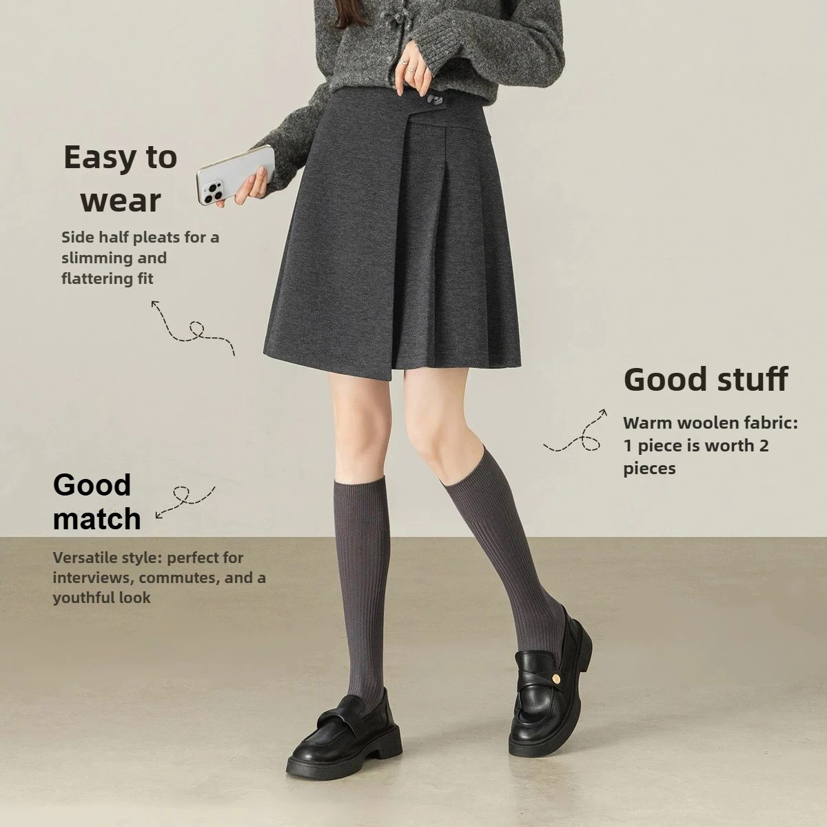 تنورة SENTUBILA بطيات للنساء لشتاء 2025 تنانير عالية الخصر على شكل حرف a من الصوف الدافئ القصير ملابس مكتب من الصوف 154QB4853