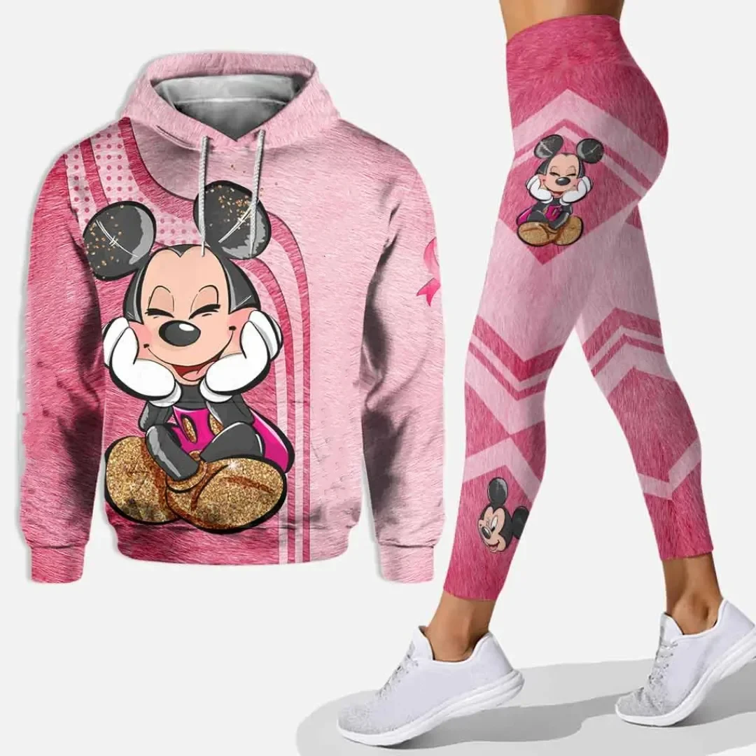 Conjunto esportivo de ioga rosa Disney para mulheres, calças esportivas, feltro com capuz essencial, sudorese, roupas esportivas de moda, 3D, 2024