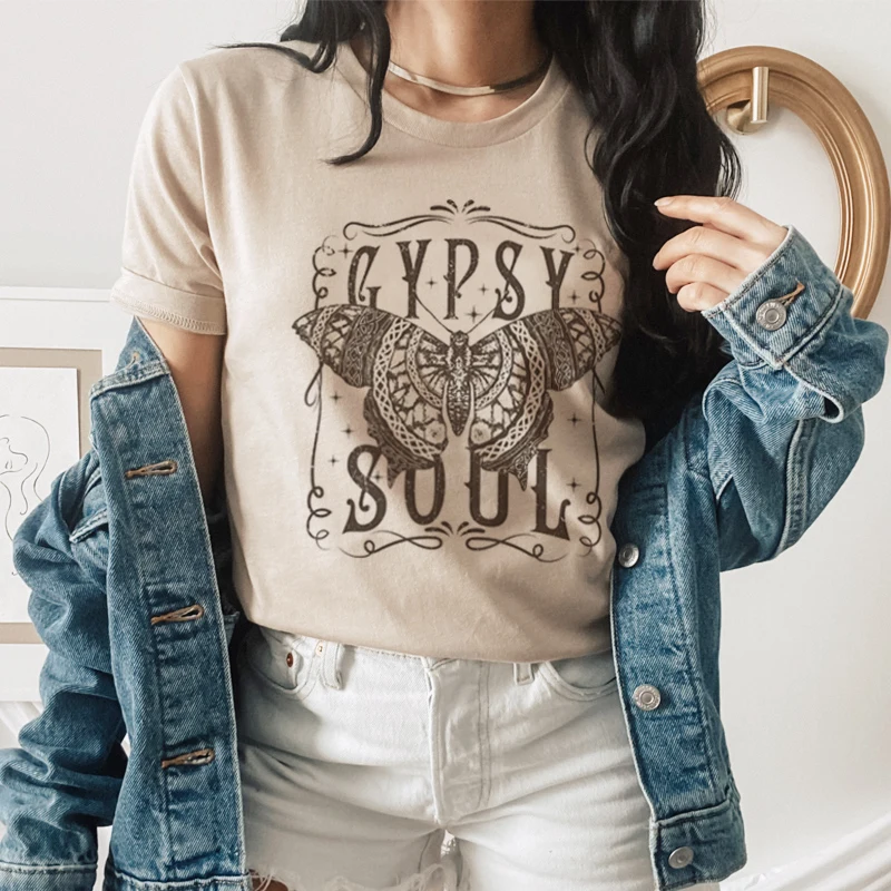 Gypsy Soul Butterfly Print Hippie Boho T Shirt Ladies Vintage Short Sleeve Tshirts Women 70s Retro T-Shirts Bohemian Witch Top