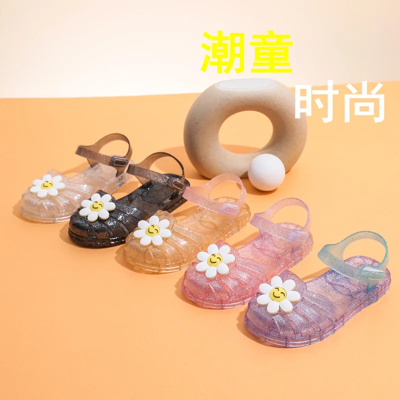 Summer Kids Smiling Face Crystal Jelly Princess Sandals Children Flower Soft Non-Slip Beach Shoes Girls Hollow Water Sandals