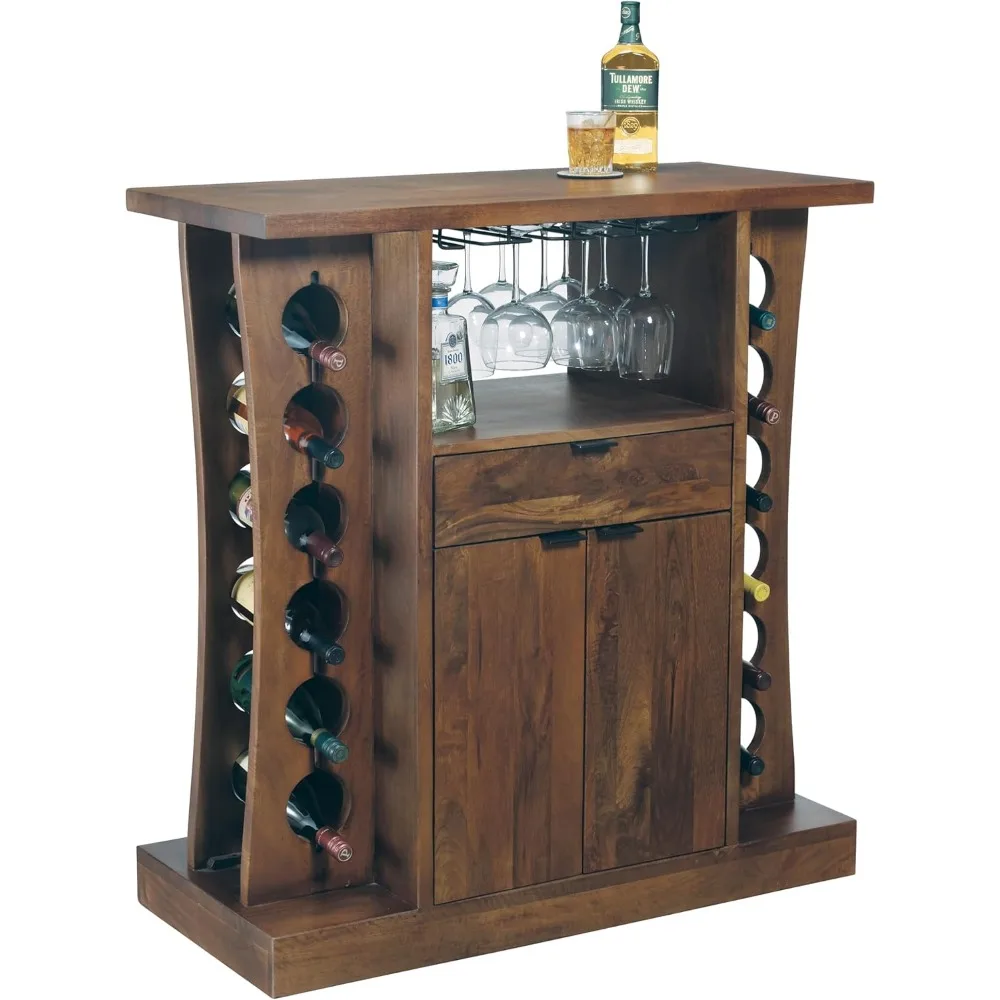

Wine & Bar Console, Brown Finish Sturdy Hardwood Material Curved Sides Large Working Surface, Stemware RackAmple Storage