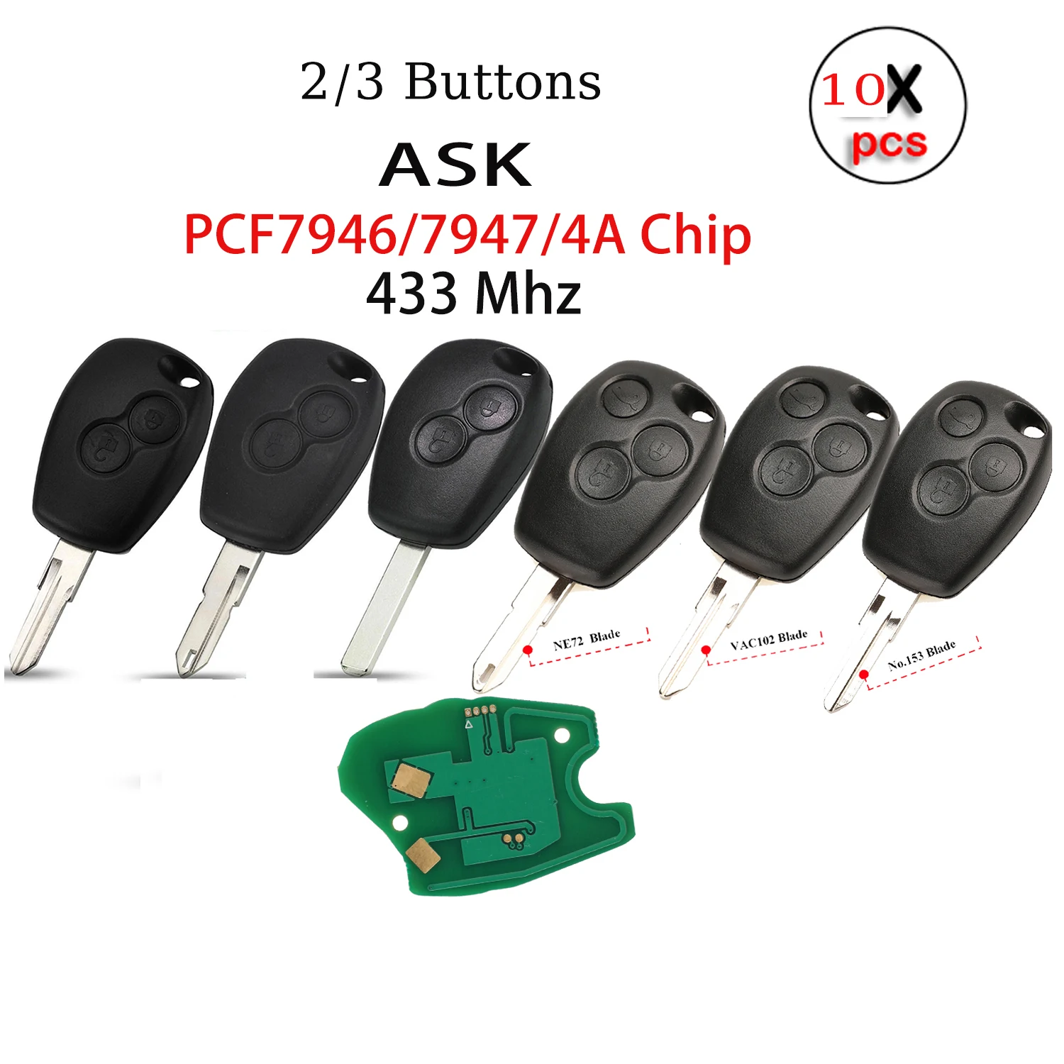 

jingyuqin 10PS Remote Key PCF7946/pcf7947/4A Chip 434MHz For Renault Trafic Vivaro Primastar Movano Replacement Control Keyless