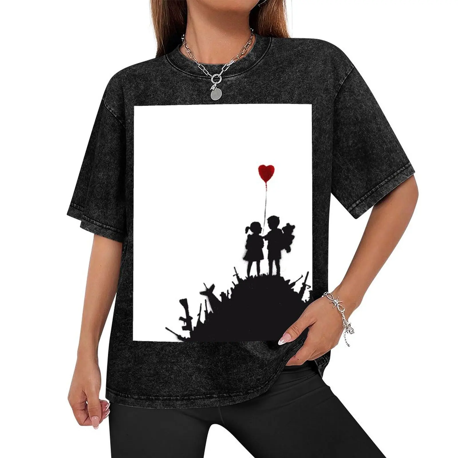 Banksy graffiti children boy and girl with heart balloon on a pile of weapons Art for Kids, just a platform HD T-Shirt