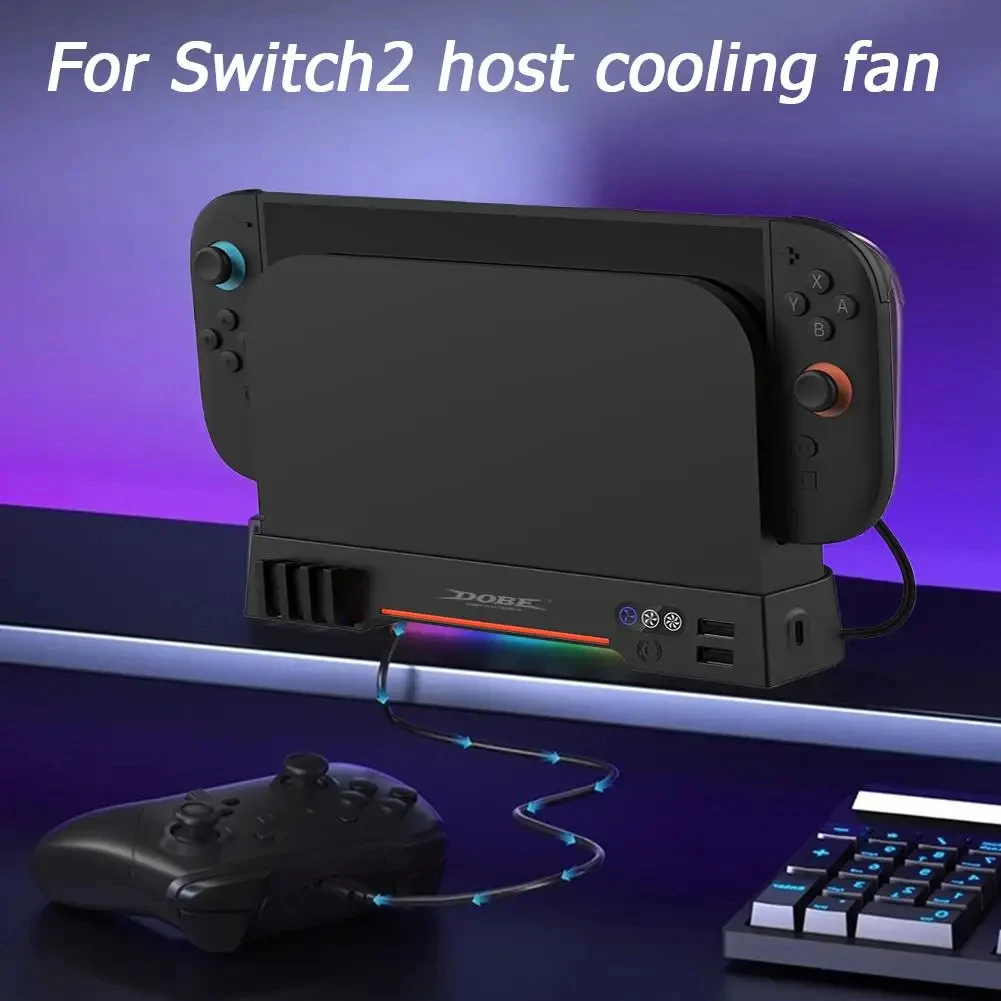 Ventilador de refrigeración para Switch 2, Base de disipador de calor de estación de acoplamiento con expansión USB/NGC, iluminación RGB, ventilador doble para montaje en pared Switch 2