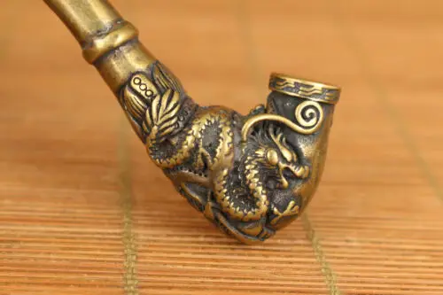 Chinese brass Handcarving dragon phoenix statue smoke tool tobacco pipe decorate