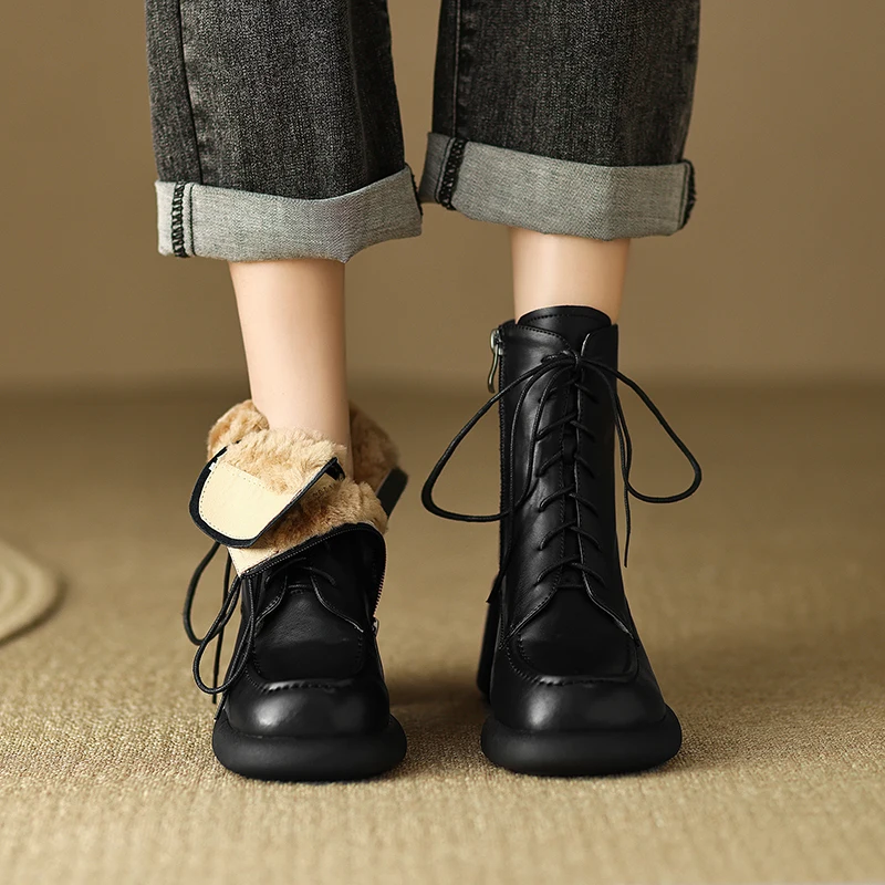 

Winter Shoes Cowhide Platform Boots Fashion Women's Shoes Natural Fur High Heels Women's Boots Round Heels Lace-up Shoes Women