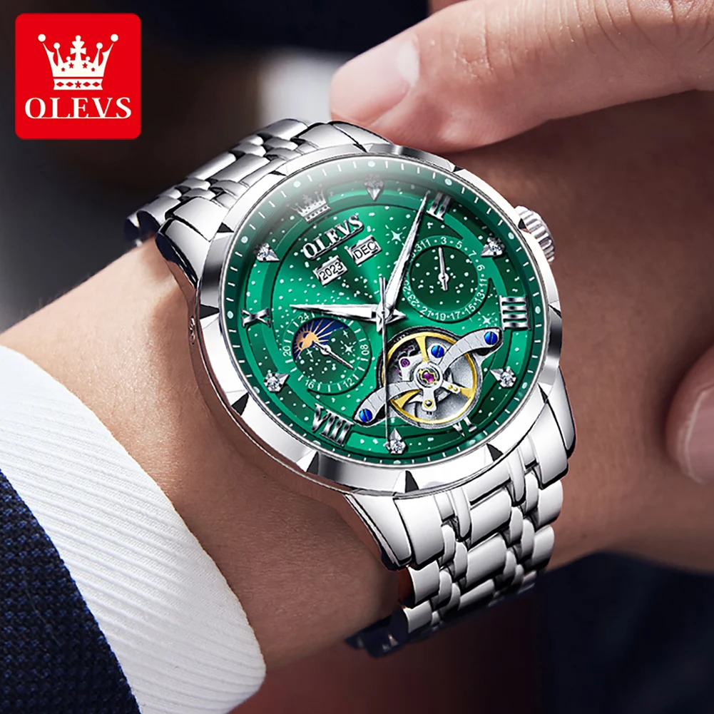 OLEVS-reloj mecánico totalmente automático para hombre, cronógrafo multifuncional, luminoso, resistente al agua, fase lunar