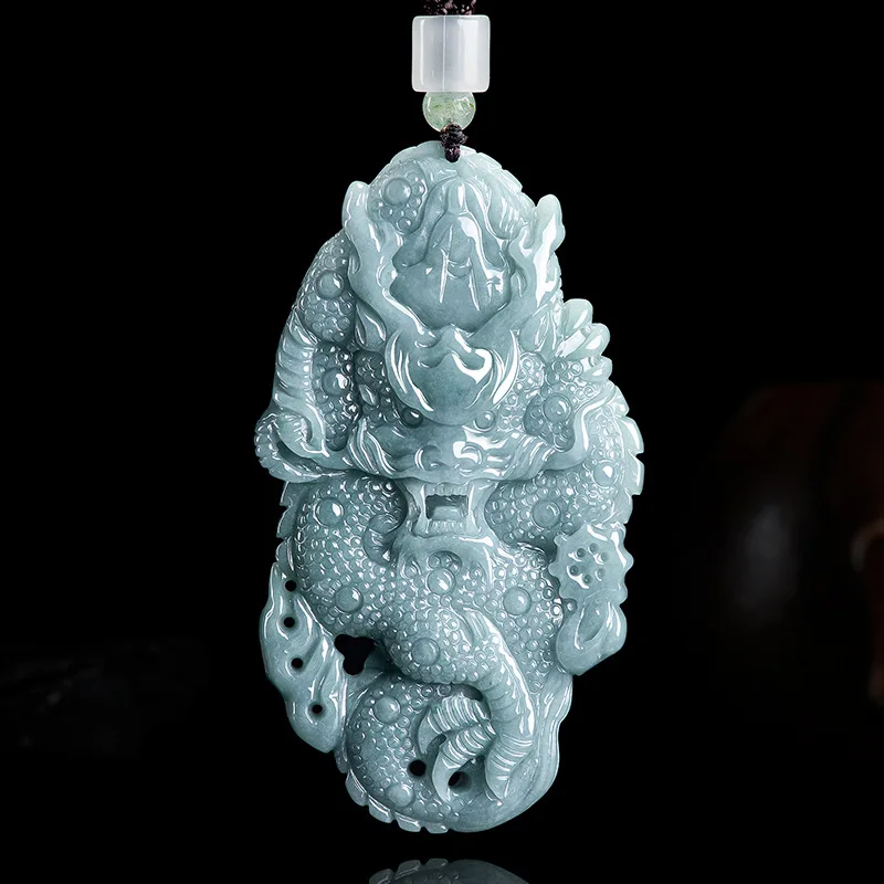 Natural A-grade Jade Blue Water Divine Dragon Protector Brand Atmospheric Life Pendant Ice Jadeite Charms Jewelry Drop Shipping