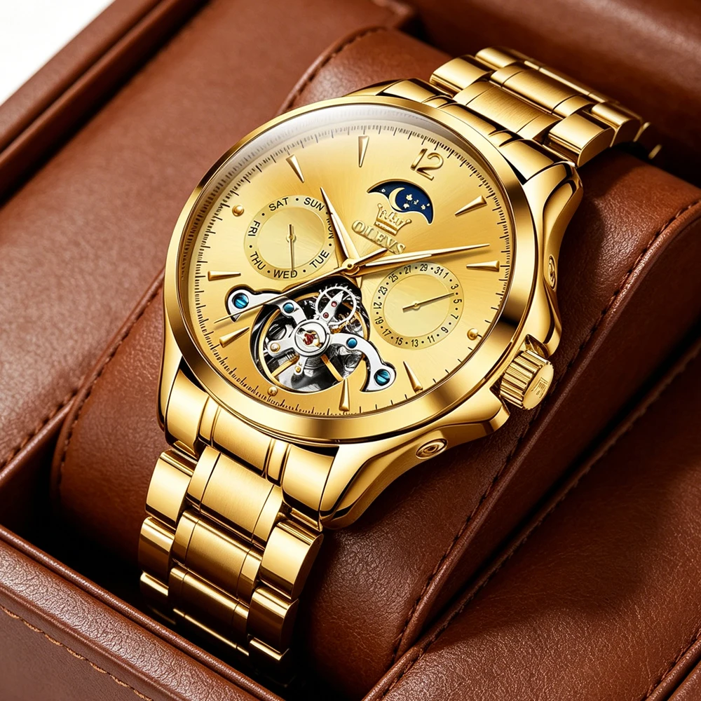 OLEVS Full Gold Automatic Watch Men Moon Phase Week Date Multi Function Stainless Steel Bracelet Luxury Tourbillon Wrist Watch