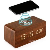 Wooden Digital Alarm Clock Wireless Charging 24/12 Hour Setting LED Large Screen Display Table clock Snooze for Home Bedroom